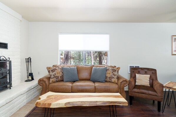 Smart TV, fireplace, books