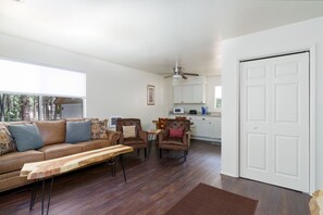 Smart TV, fireplace, books
