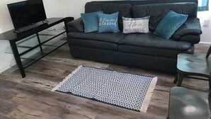 A living room with a dark-colored sofa, a glass coffee table, a flat-screen TV, and a patterned rug.