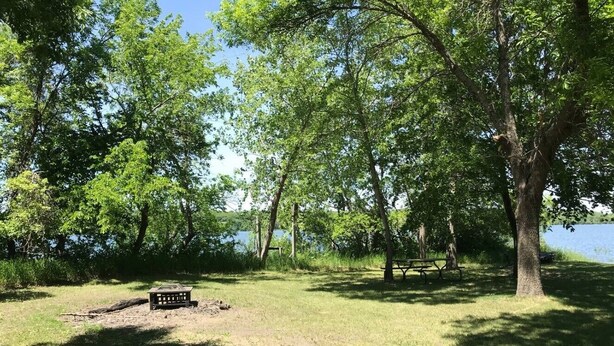 A campsite with picnic tables and a fire pit, surrounded by trees and a lake.