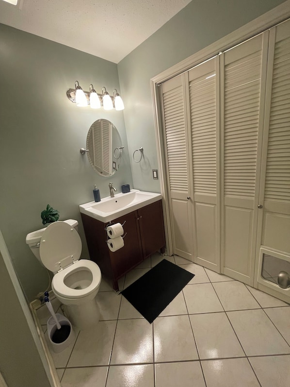 Hair dryer, towels, toilet paper