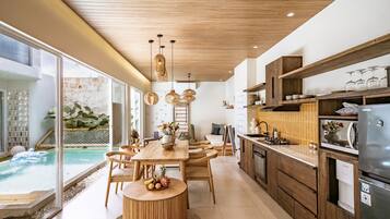 Comfort Villa, 4 Bedrooms, Patio, Pool View | Private kitchen | Fridge, microwave, oven, stovetop