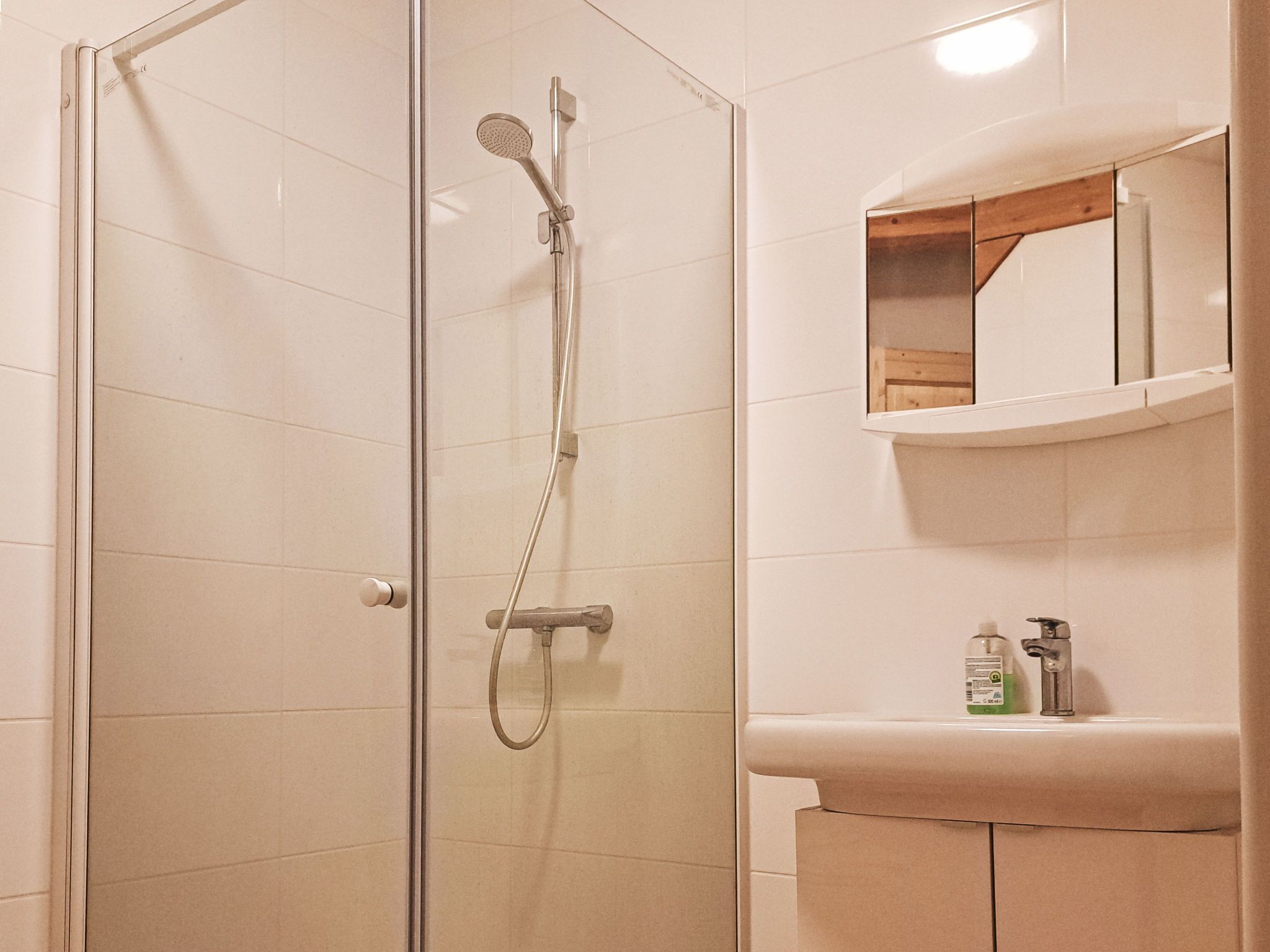 A bathroom with a glass shower enclosure, a sink with a mirror above it, and toiletries on the sink.