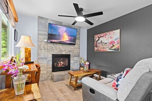 TV connectée, cheminée, livres