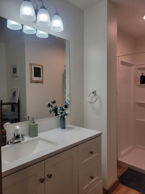 Shower, hair dryer, towels, soap