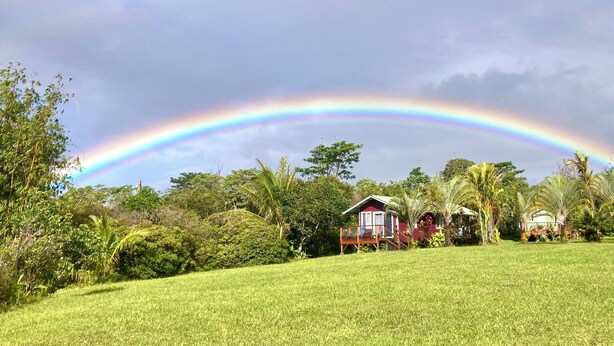 A grassy area with two small houses and a rainbow in the background.