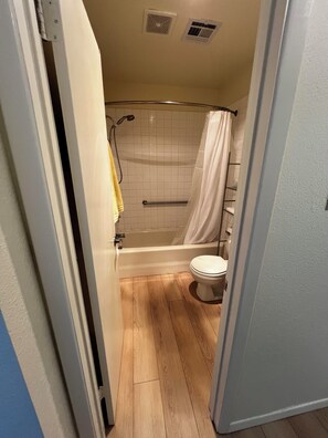 Hair dryer, towels, soap, toilet paper