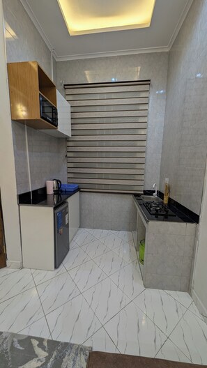 Fridge, microwave, stovetop, electric kettle