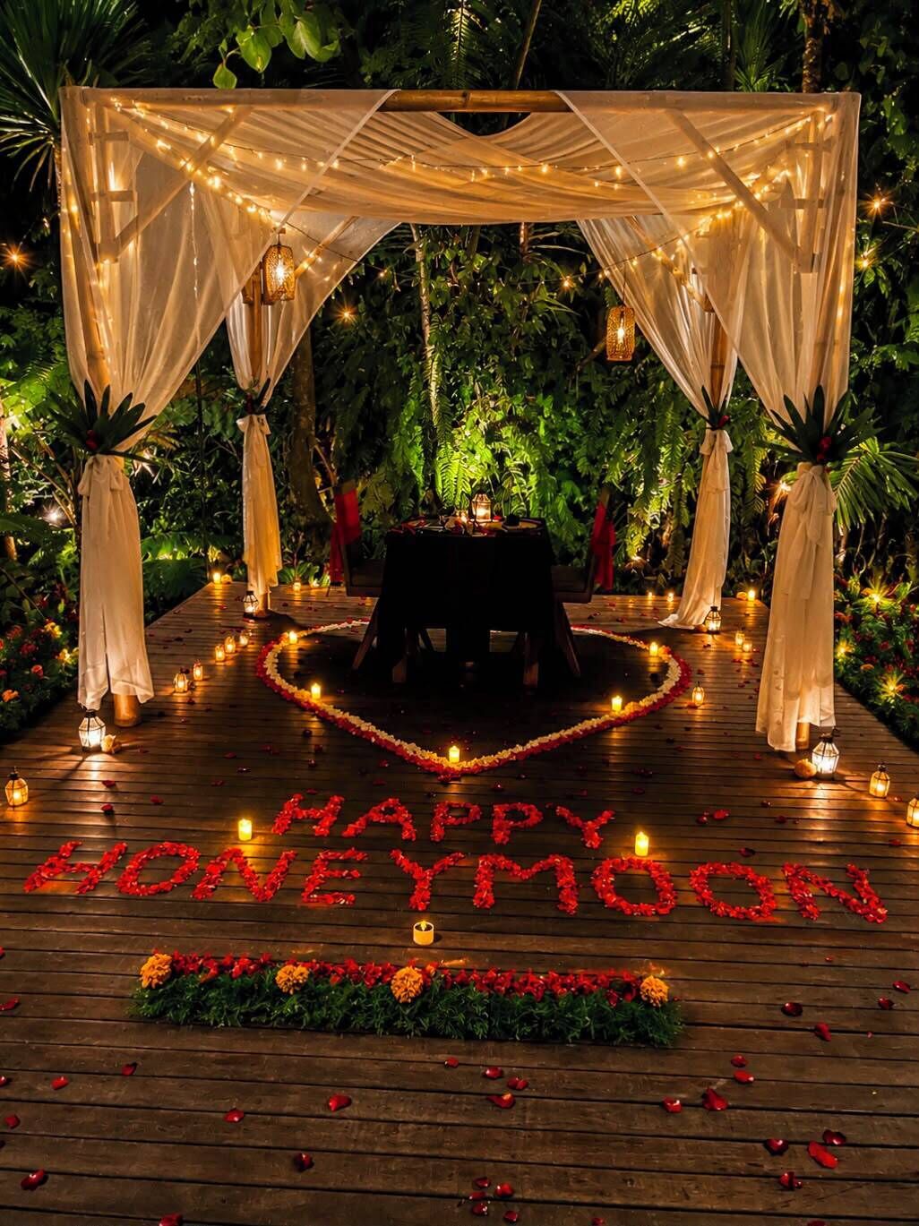 Une cérémonie de mariage en plein air, avec une décoration en forme de cœur composée de fleurs rouges et de bougies, une table avec des chaises et une sorte de dais au-dessus.