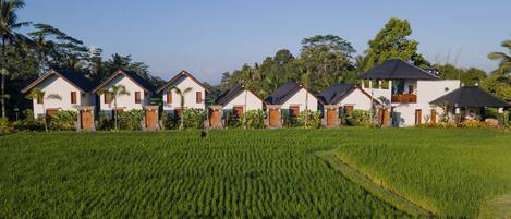 A row of white buildings with dark roofs, surrounded by lush green fields and trees.