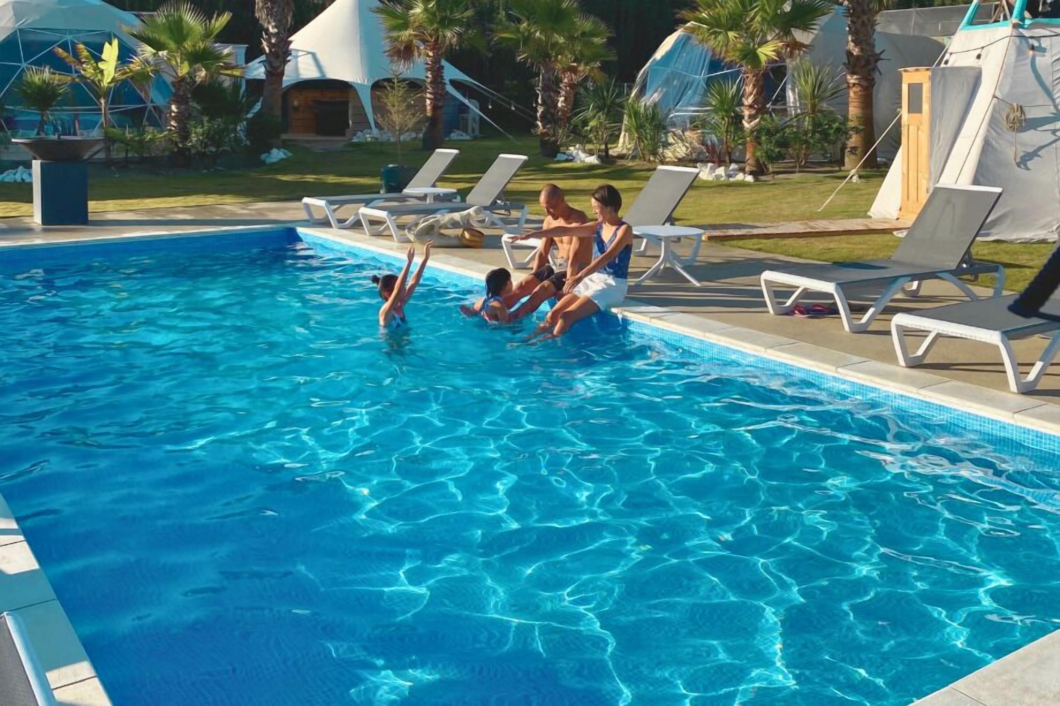 A swimming pool with lounge chairs and palm trees.