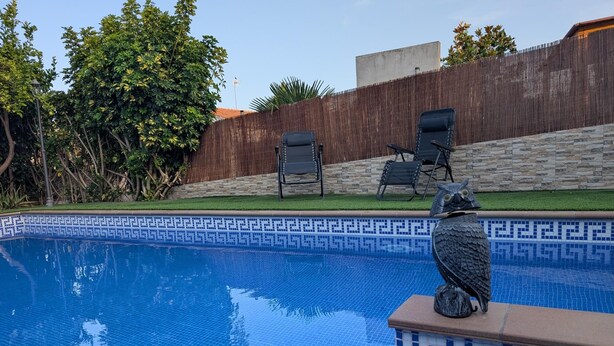 A swimming pool with a decorative owl statue, surrounded by a wooden fence and chairs.
