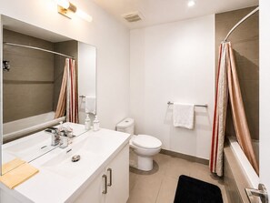 Hair dryer, towels, soap, toilet paper