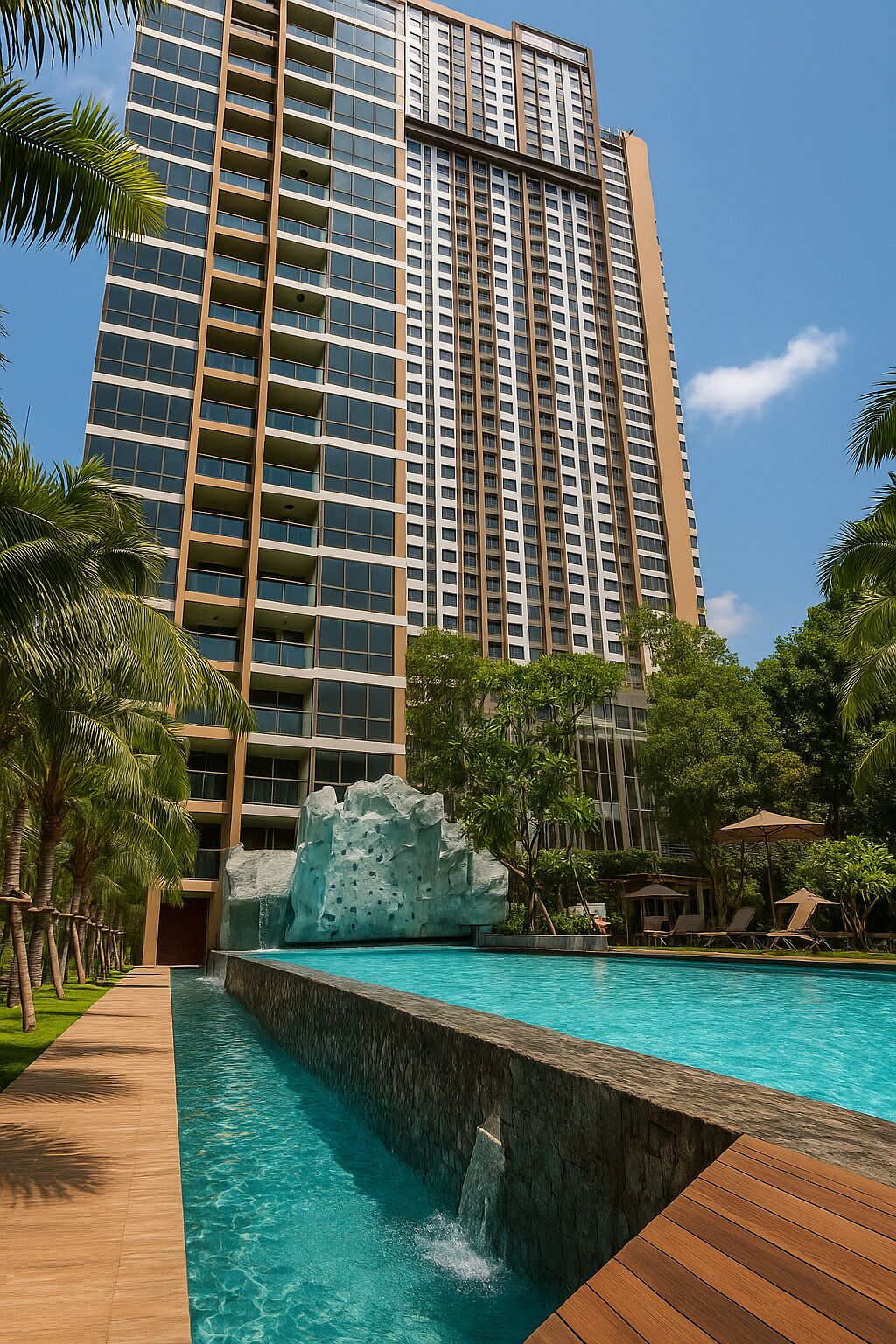A high-rise hotel with a swimming pool, palm trees, and a rock feature.