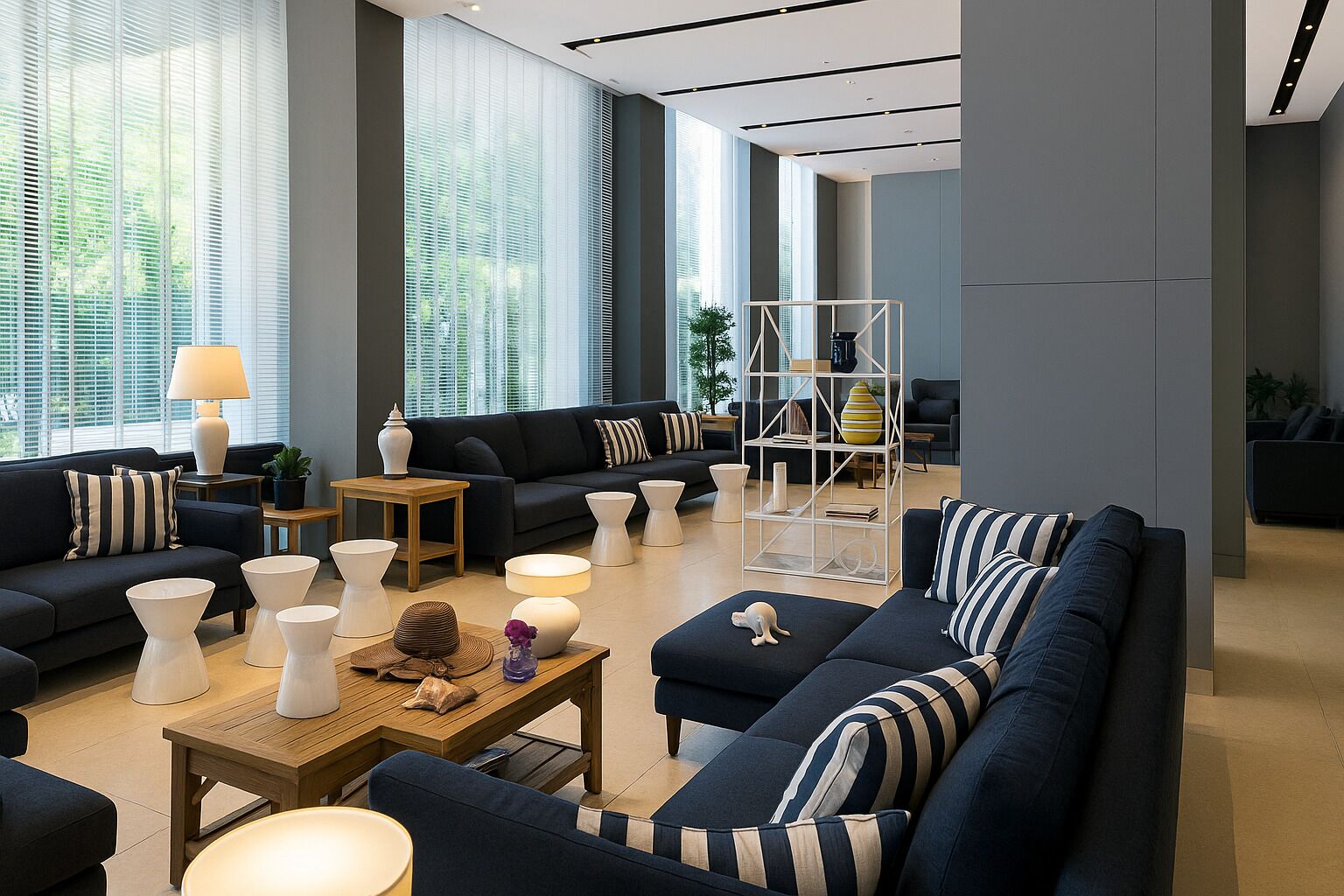 Uma sala de estar moderna com sofás escuros, mesas laterais brancas e uma mesa de centro de madeira.