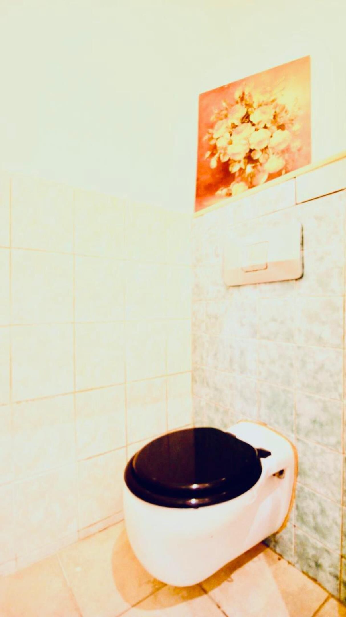 A bathroom with a white toilet, a wall-mounted paper towel dispenser, and a floral artwork above the toilet.