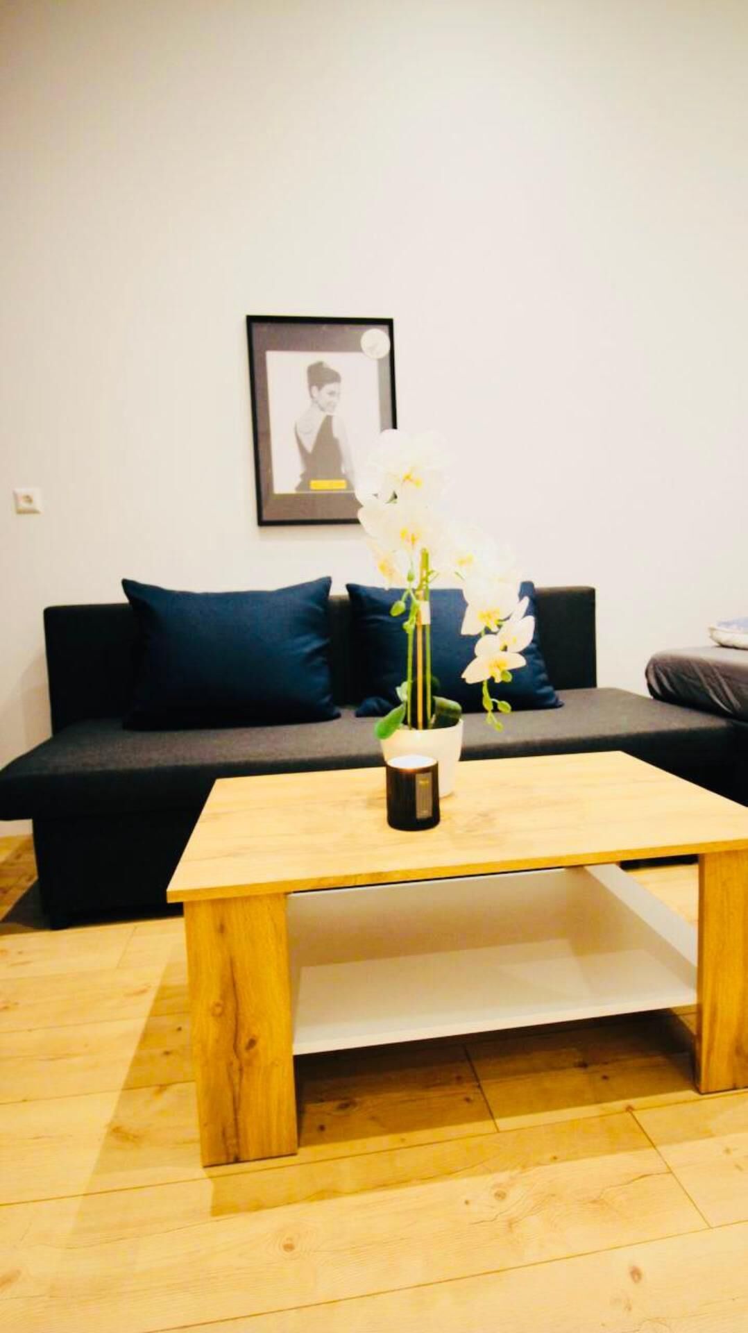 A living room with a wooden coffee table, a dark-colored sofa, and a framed picture on the wall.