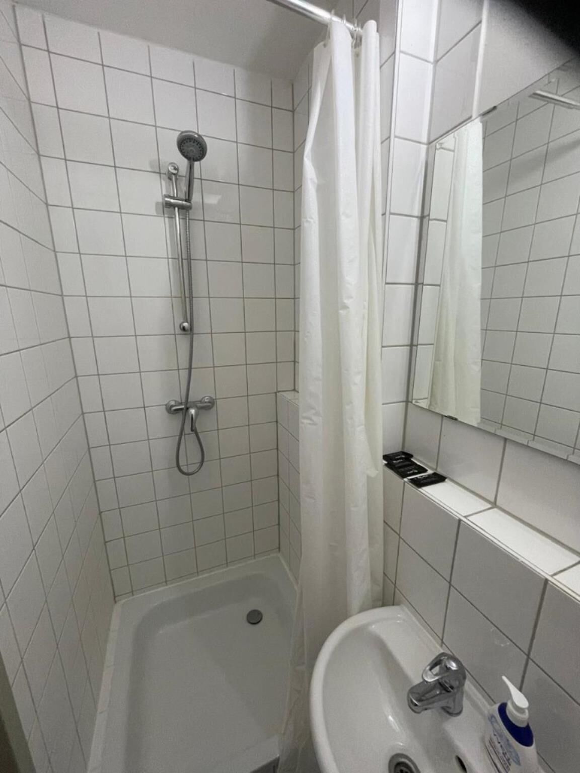 Un baño con ducha, lavabo y espejo.