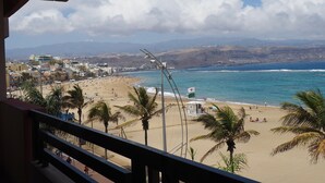 Een strand met palmbomen, een redershutje en uitzicht op de oceaan en bergen.