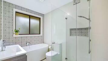 Shower, hair dryer, towels, soap