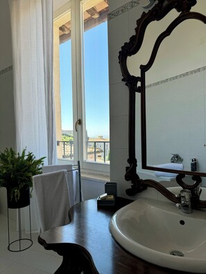 Shower, hair dryer, bidet, towels