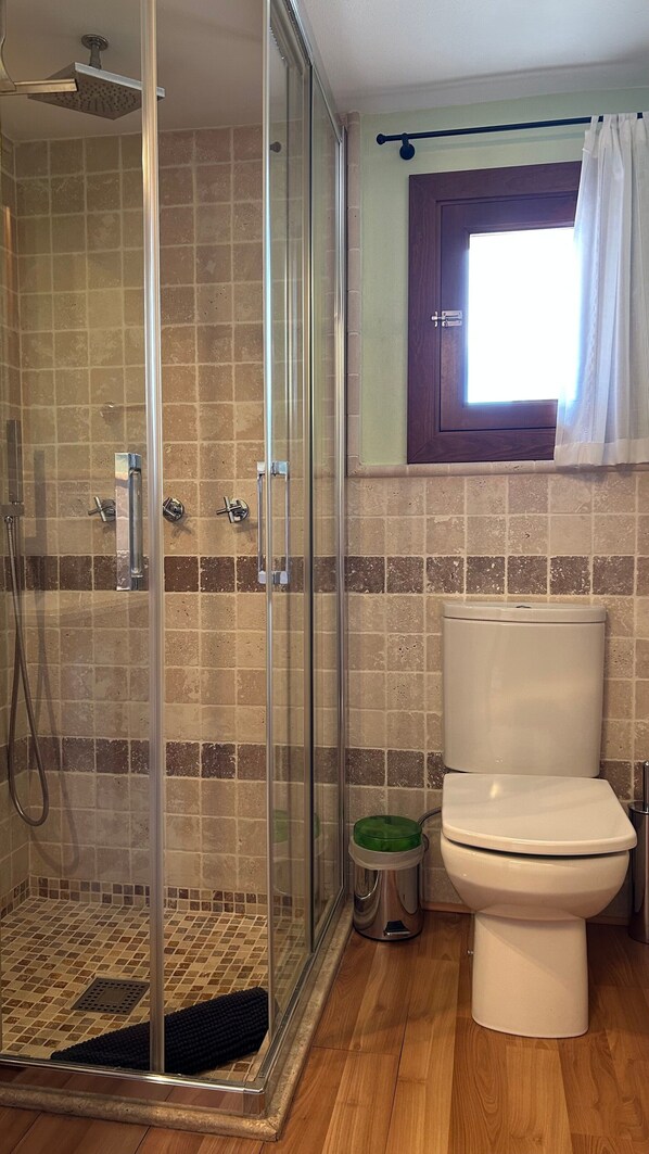 A bathroom with a glass-enclosed shower, a toilet, and a window with a curtain.