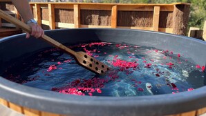 Una gran cuenca metálica llena de agua y pétalos de flores rosados, con una valla de madera y una persona removiendo el agua.