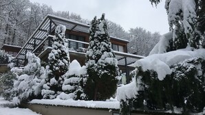 Un bâtiment enneigé, doté d’un balcon et entouré d’arbres.