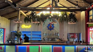Una zona de bar con un letrero de neón, estantes llenos de botellas, plantas colgantes y un cantinero.