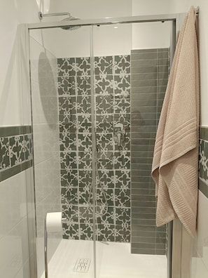 Douche, séchoir à cheveux, serviettes fournies, savon
