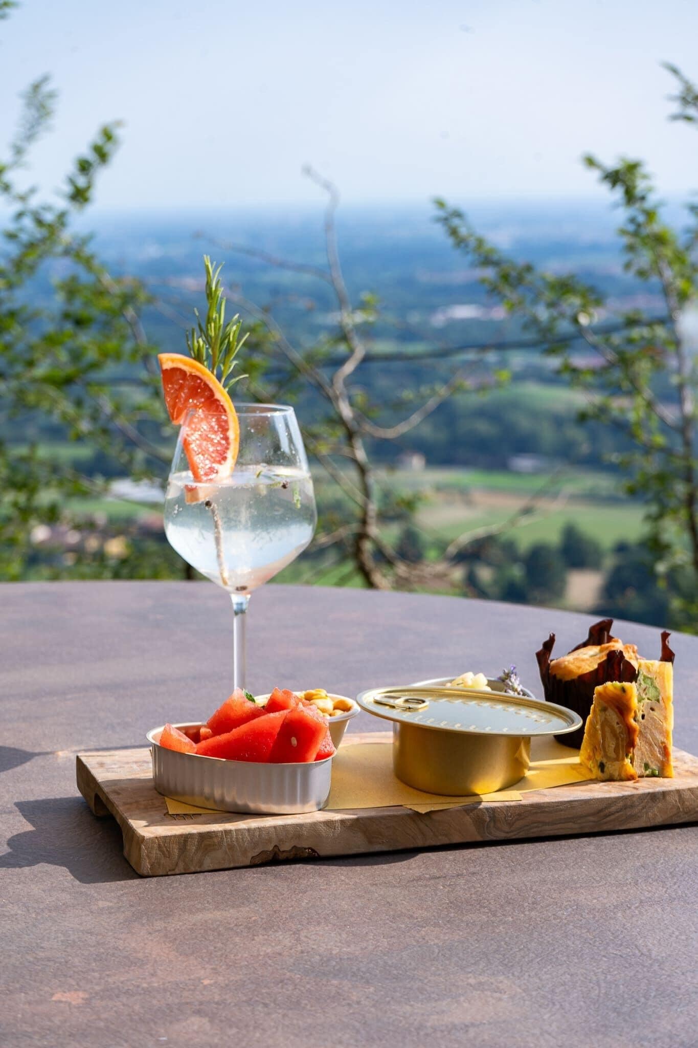 A table with a glass of water, a bowl of watermelon, a small dish of cheese, and a sandwich on a wooden board, set against a scenic outdoor view.