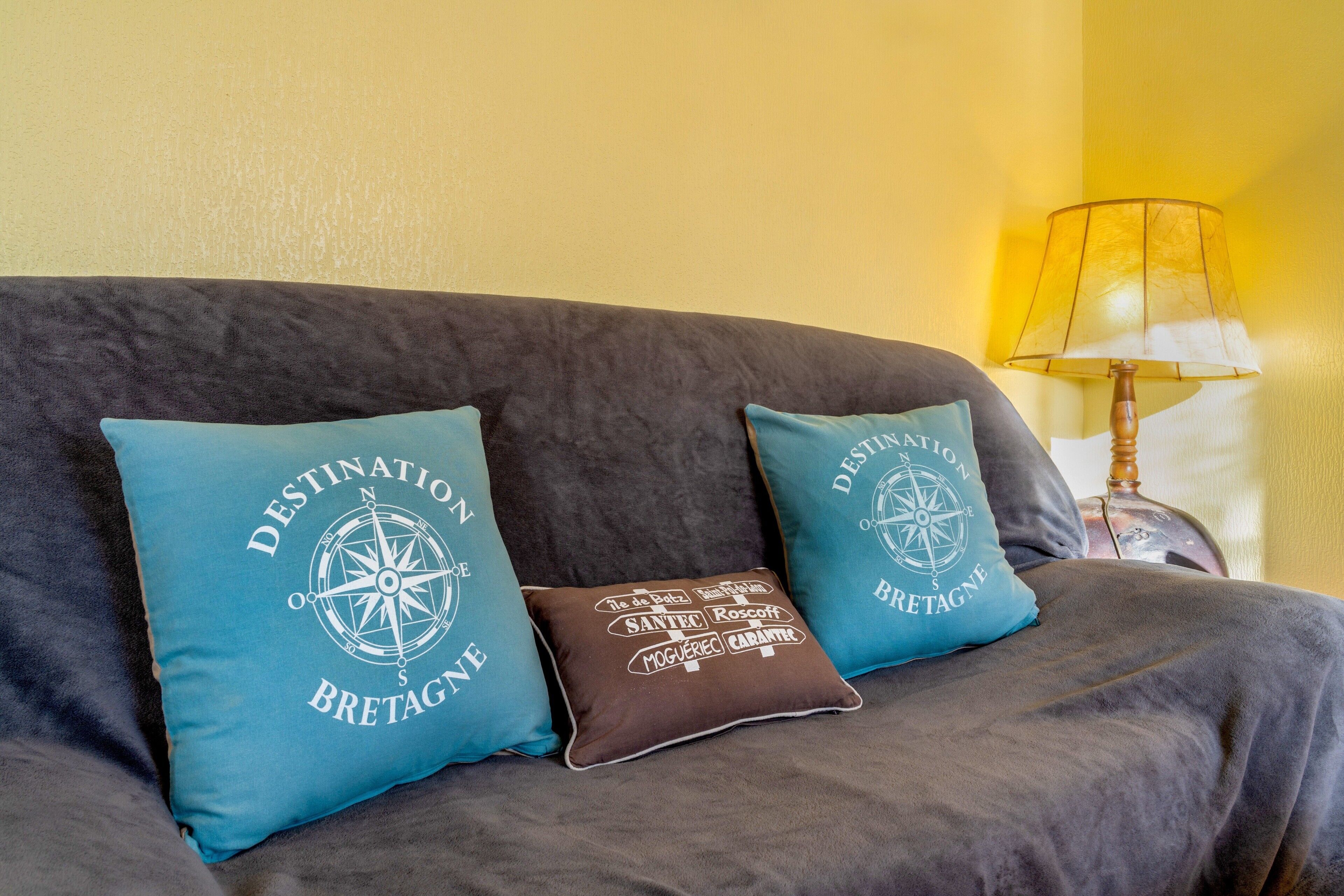 A dark grey sofa with three decorative pillows, each with text and a compass design.