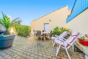 A patio with a table and chairs, a potted plant, and a small building with a door.