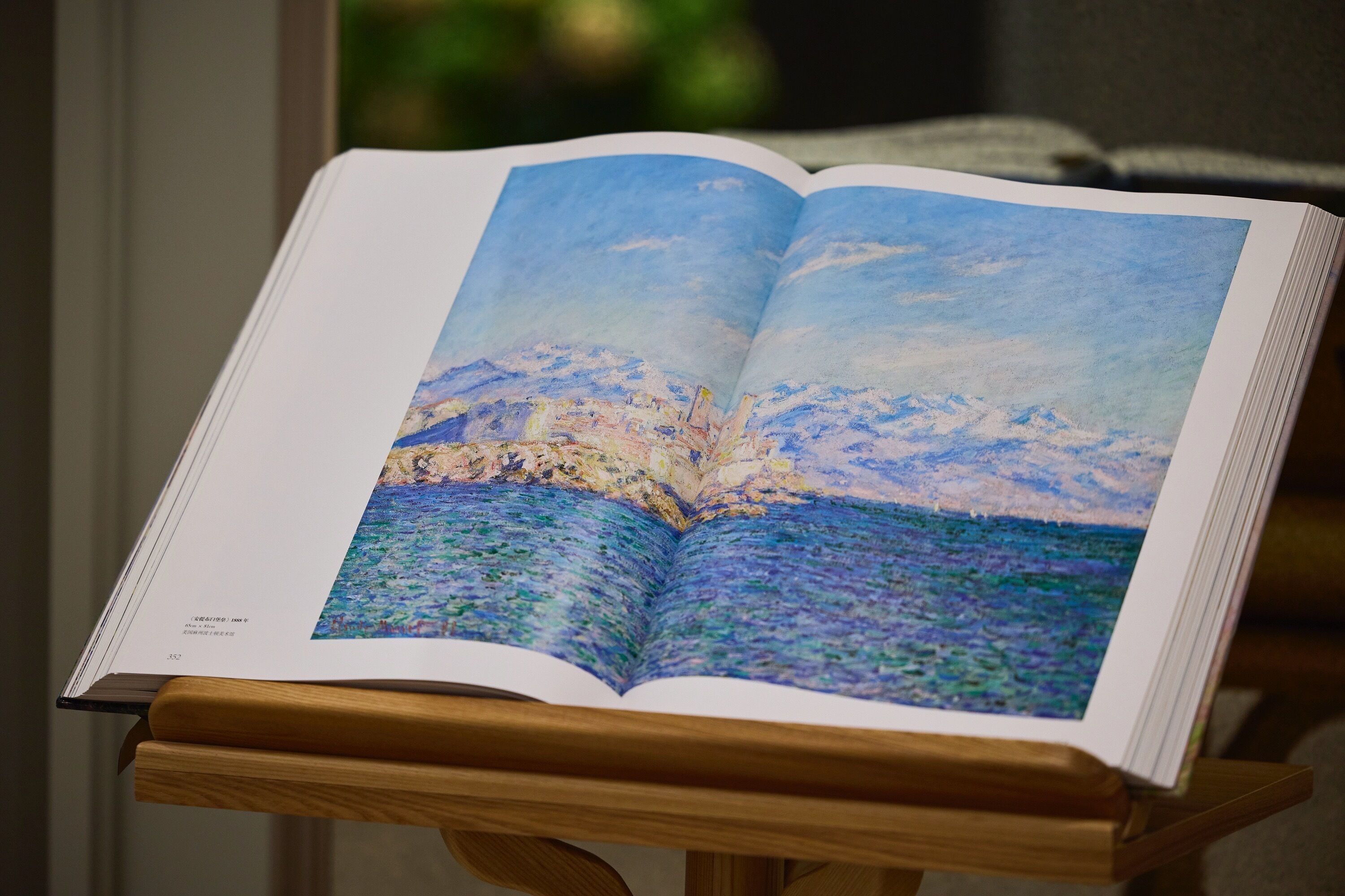 Un libro abierto con una pintura de un paisaje costero.