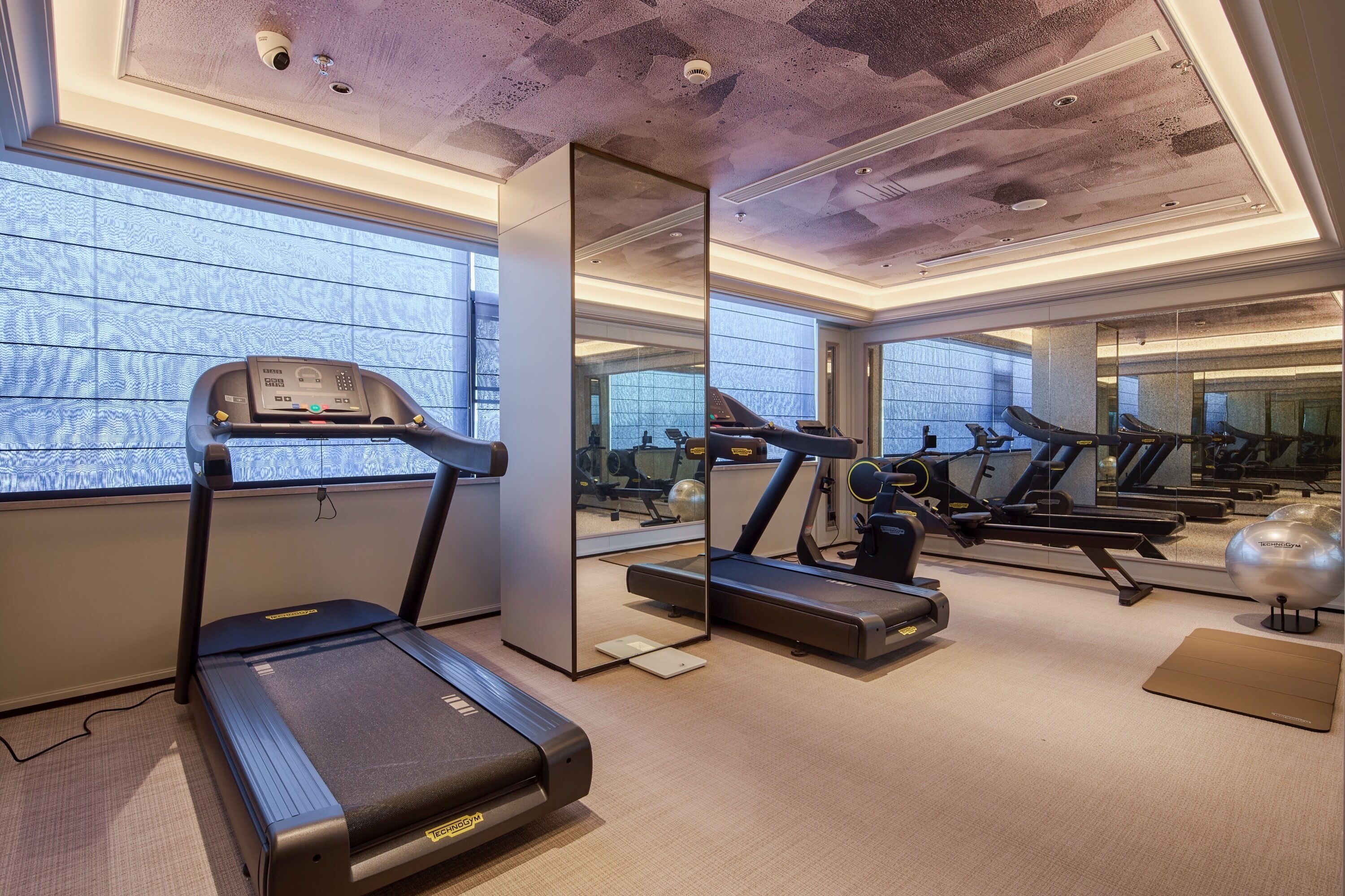 Un gimnasio con cintas de correr, un espejo grande y vistas al exterior.