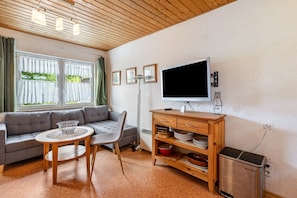 Un salon avec un canapé, une petite table, un téléviseur, un meuble en bois et un radiateur.