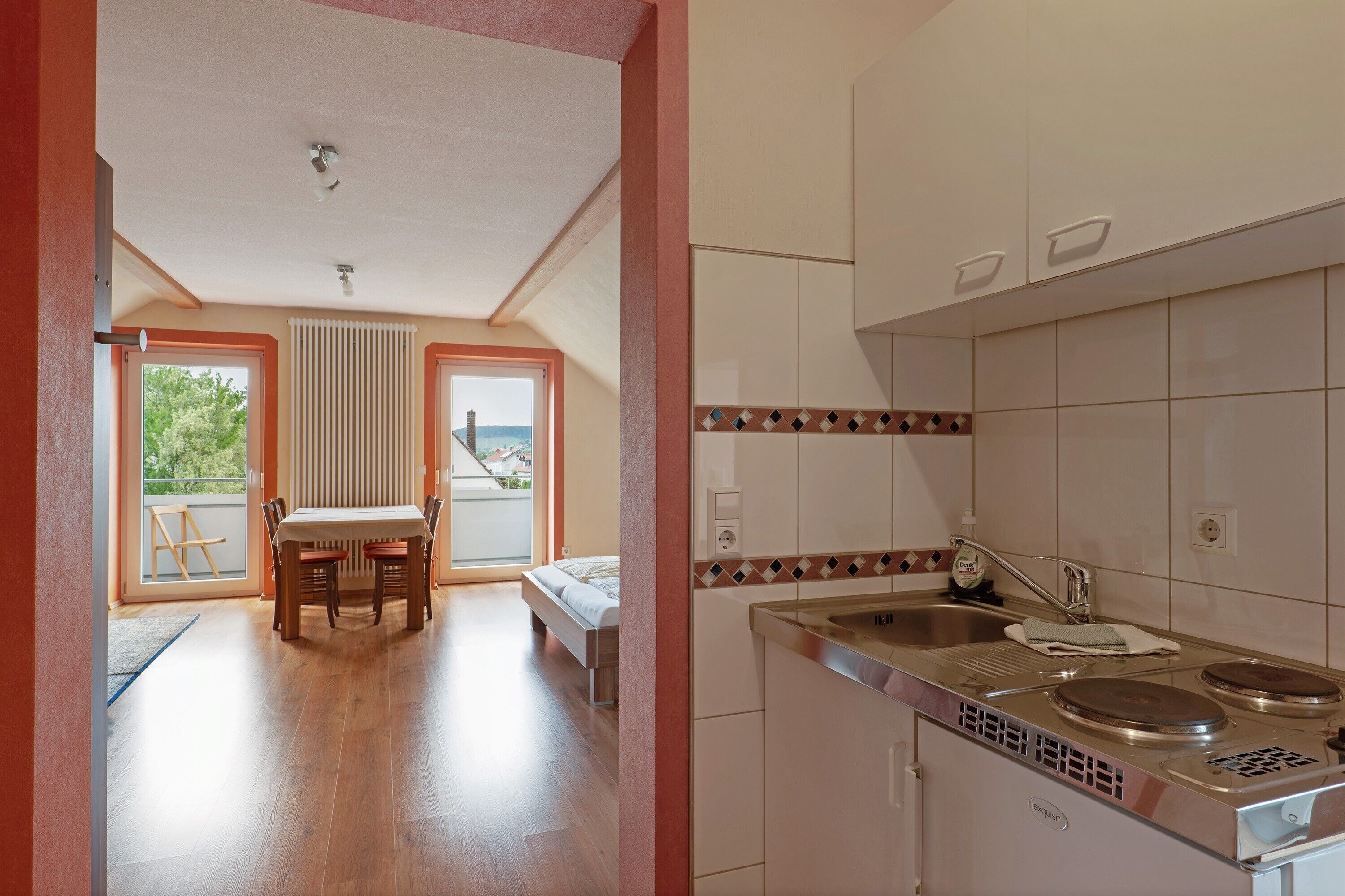 Fridge, microwave, stovetop, coffee/tea maker