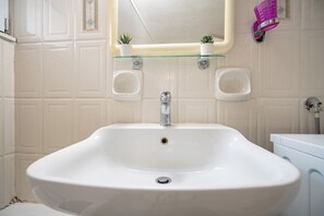 Hair dryer, towels, soap, toilet paper