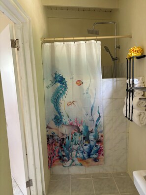 Douche, serviettes fournies, savon, papier toilette