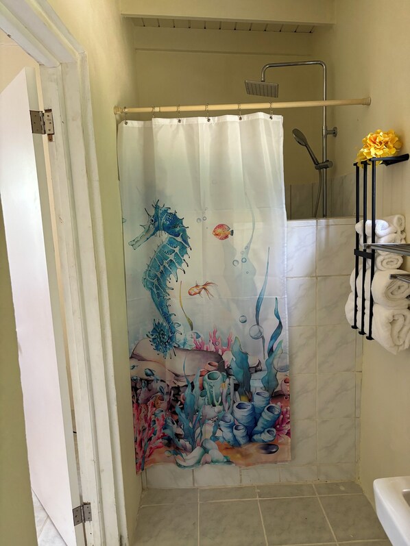 Shower, towels, soap, toilet paper