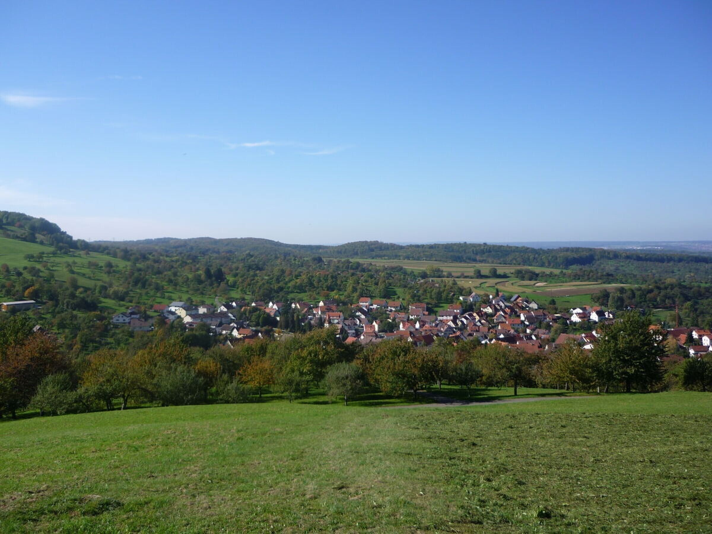 A rural landscape with a village, green fields, and rolling hills.