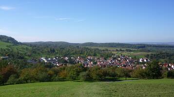 A rural landscape with a village, green fields, and rolling hills.