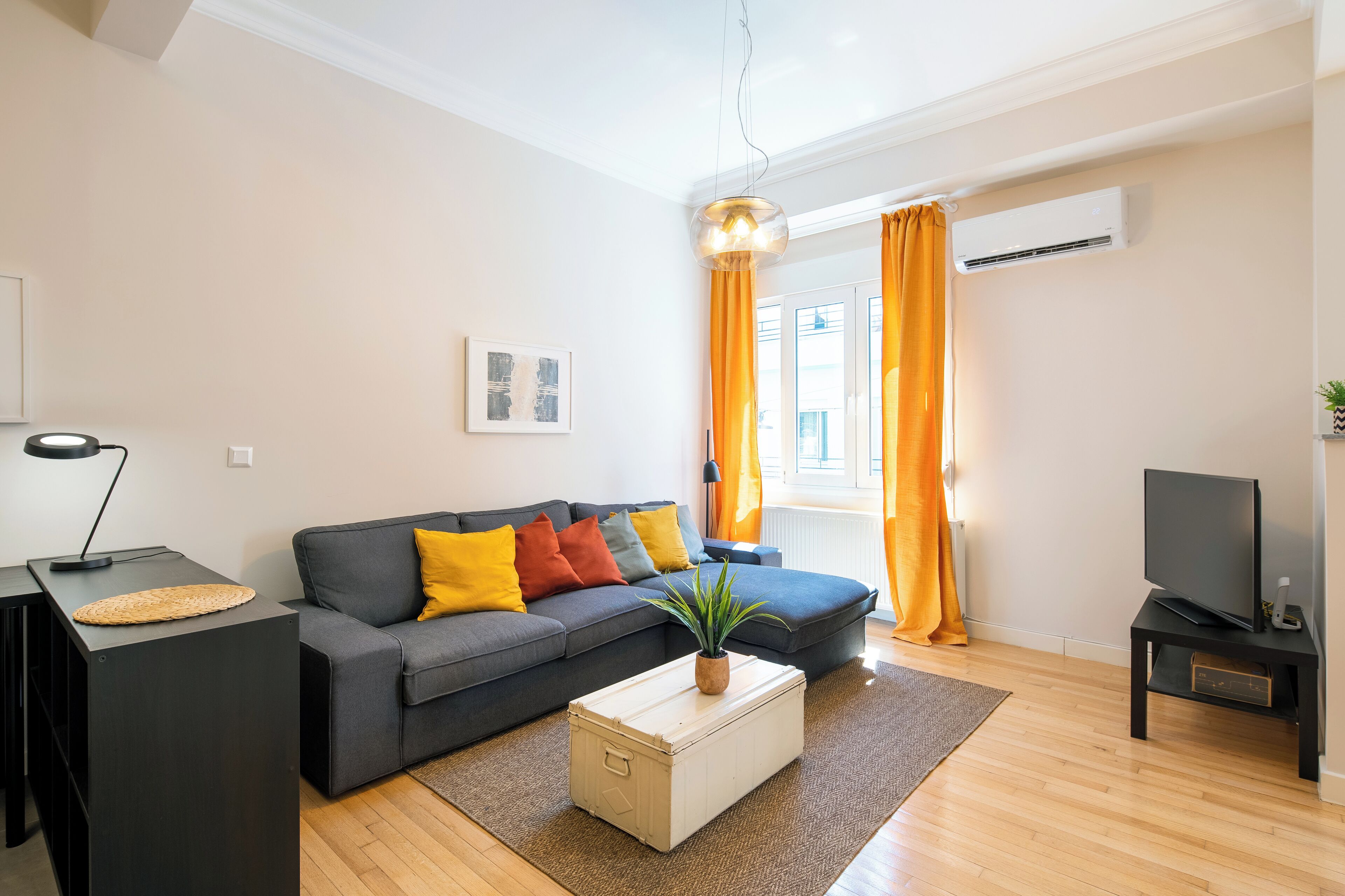 A modern living room with a grey sofa, a coffee table with a plant, a TV on a stand, and a window with curtains.
