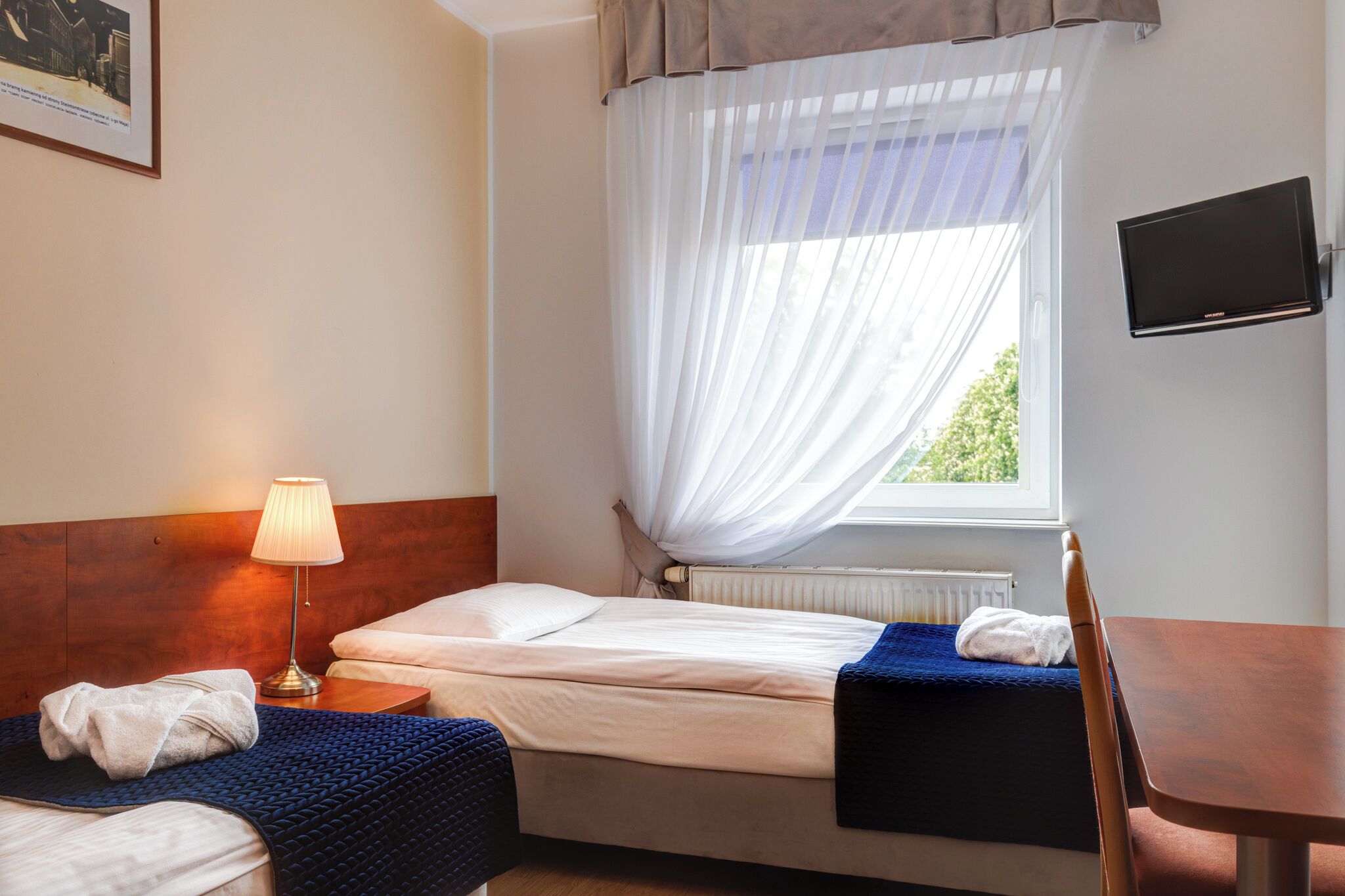 A hotel room with a bed, a bedside table with a lamp, a TV mounted on the wall, and a window with sheer curtains.