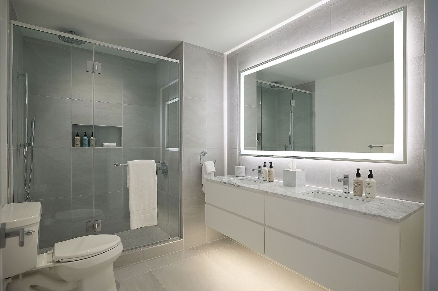 Shower, rainfall showerhead, hair dryer, bathrobes