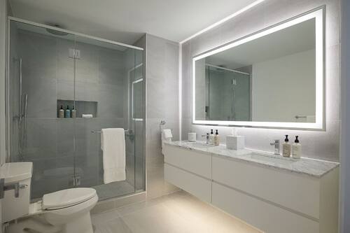 Shower, rainfall showerhead, hair dryer, bathrobes