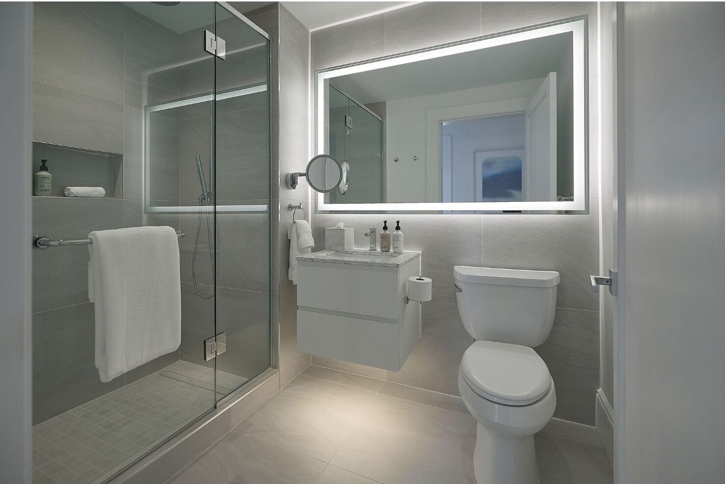 A modern bathroom with a glass-enclosed shower, a toilet, and a vanity with a mirror.