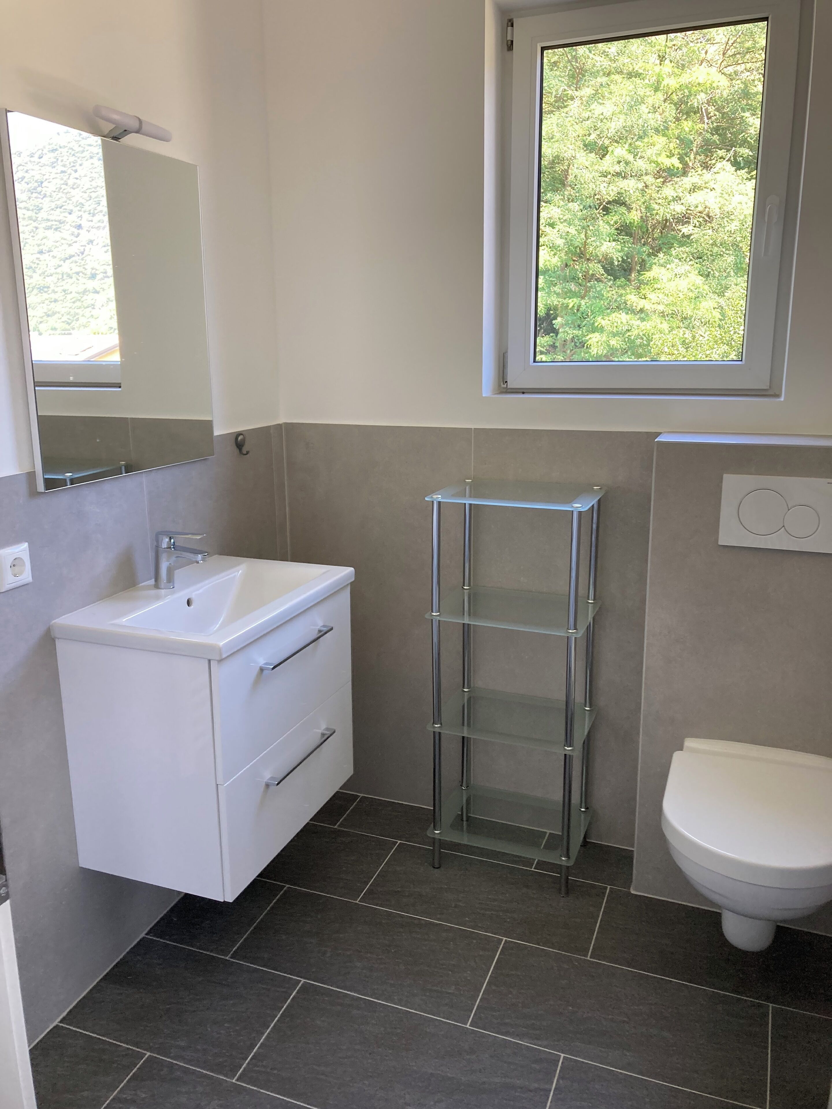 A bathroom with a white sink, a glass shelf, a toilet, and a window with a view of greenery.