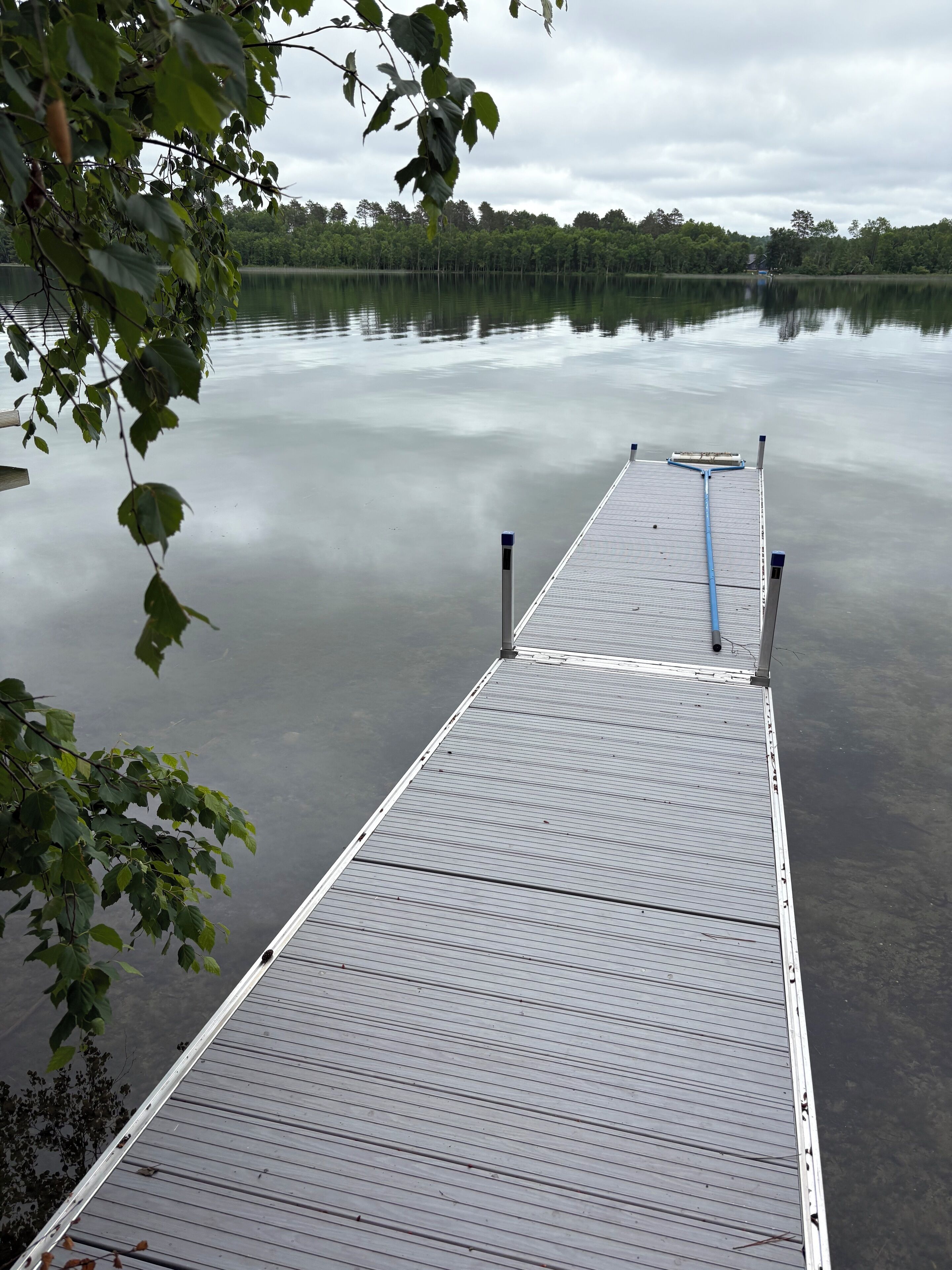 Un lago tranquilo con un muelle de madera que se adentra en el agua.