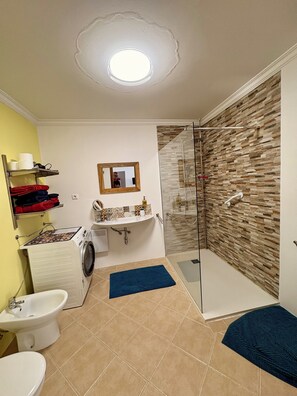 Regadera, secadora de cabello, bidet, toallas 